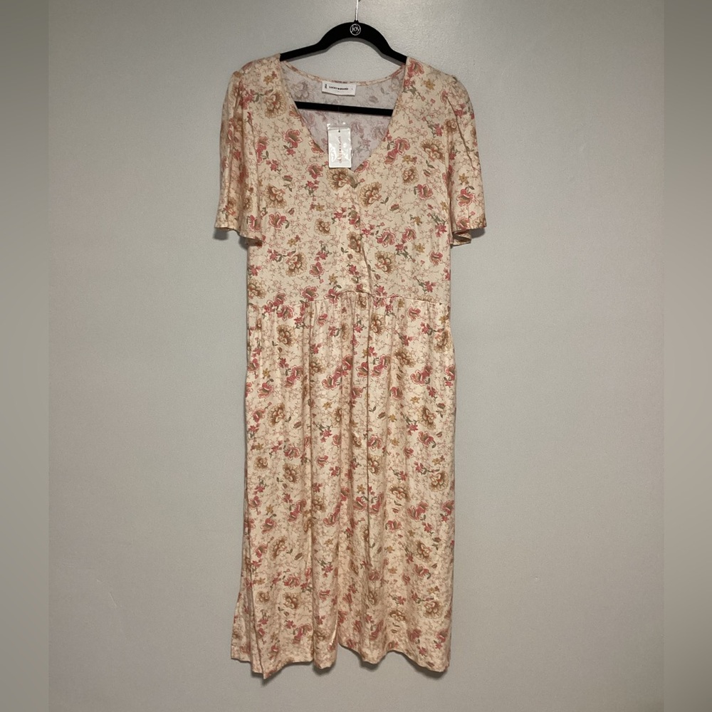 Lucky Brand Women Dress Maxi Size L Floral  V Neck Short Sleeves Pockets Rayon